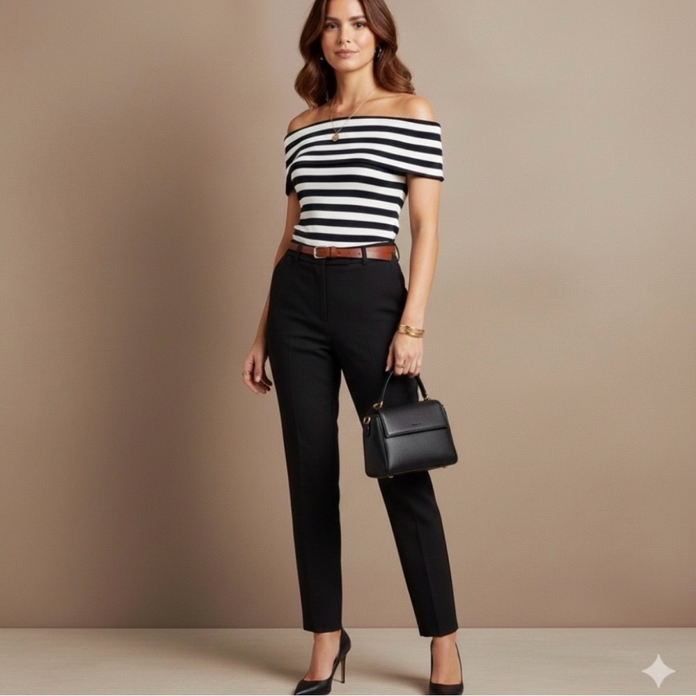 Banana Republic Off-Shoulder Cotton Ribbed Nautical Striped Top Navy White Sz S - Picture 12 of 13